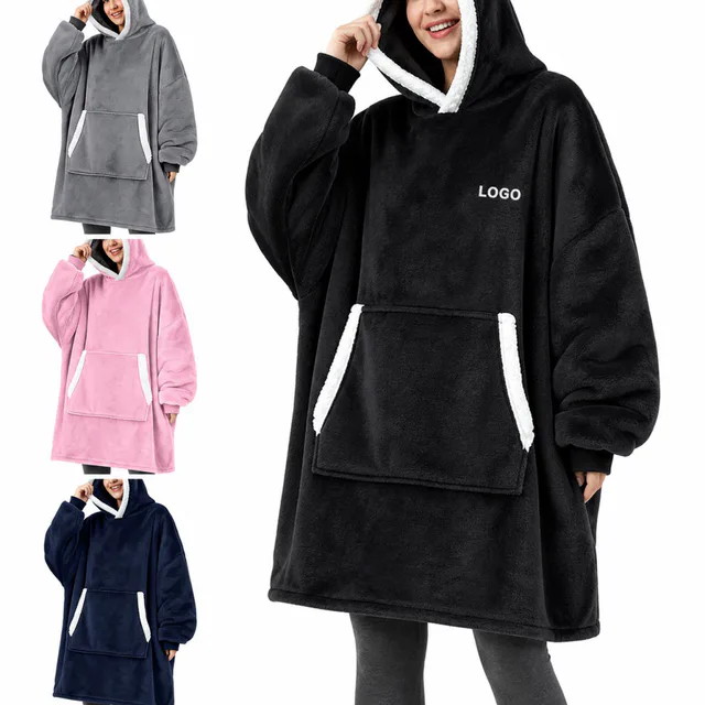 Winter Thick Wearable Blanket With Hood And Sleeves