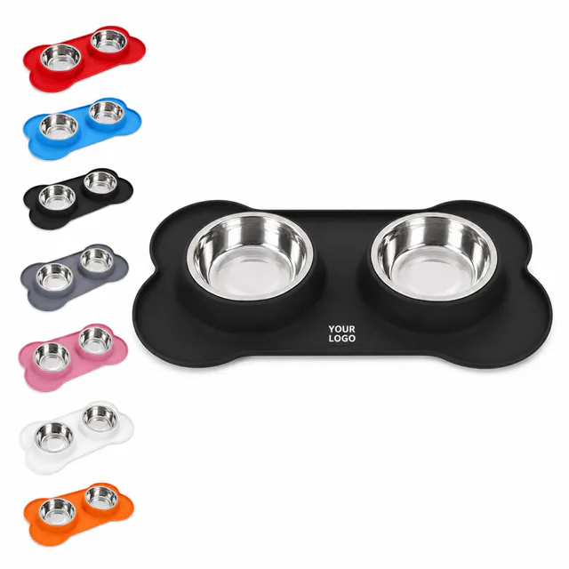Stainless Steel Pet Bowls With Silicone Bone Mat