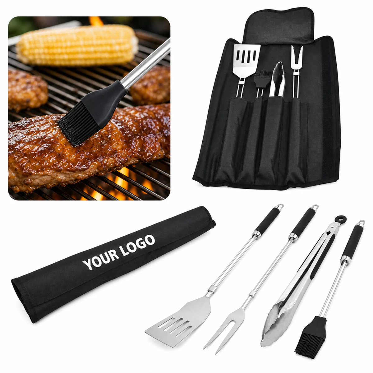 4-Piece Stainless Steel BBQ Tool Set with Oxford Wrap Bag