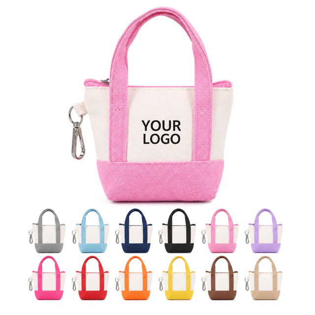 Mini Canvas Zippered Tote Bag Charm With Keychain Clip