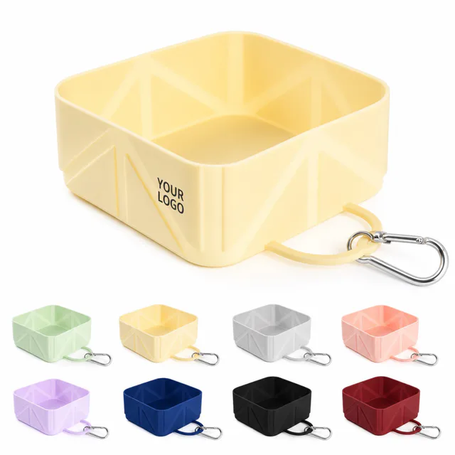 Foldable Silicone Square Pet Bowl With Carabiner Clip
