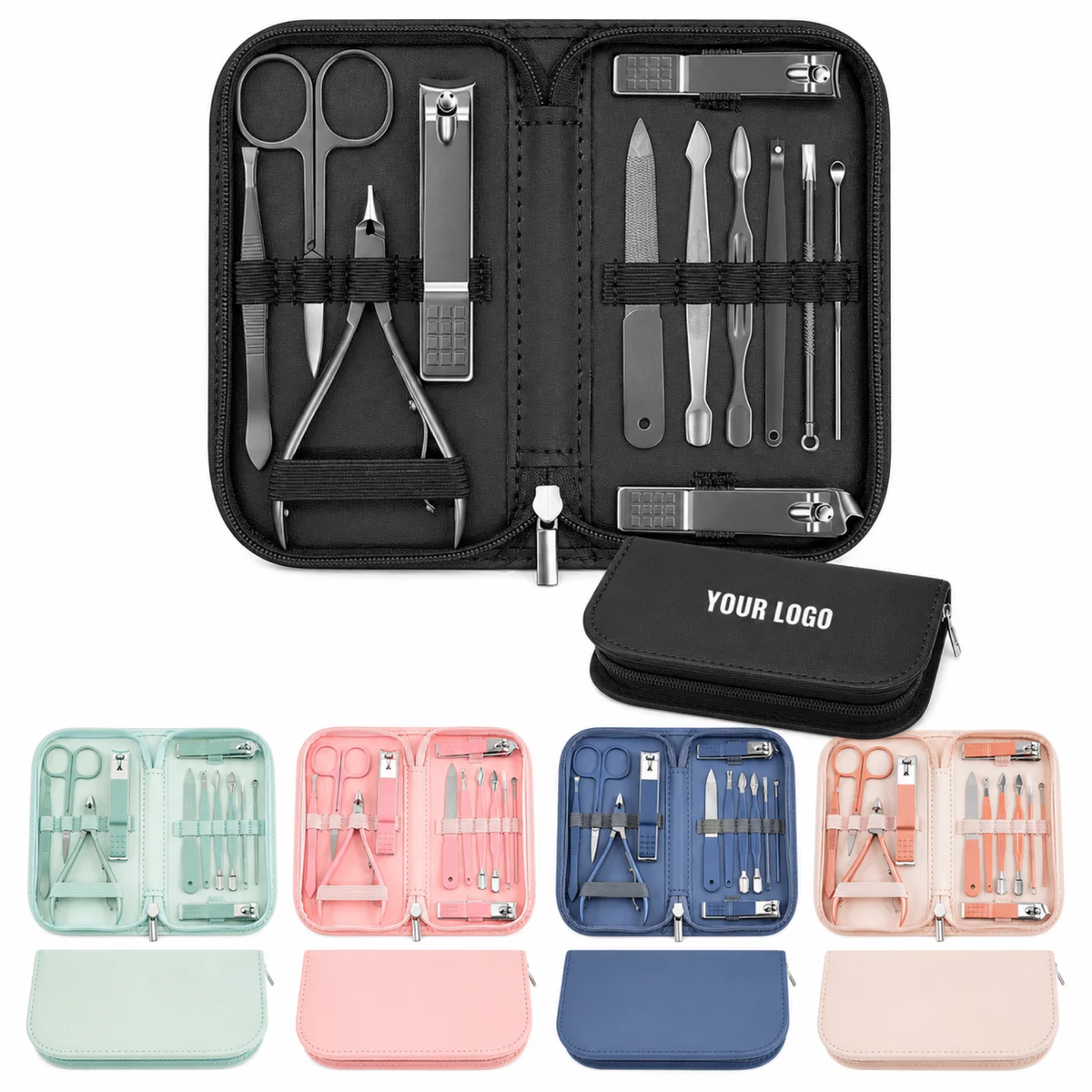12 In 1 Stainless Steel Manicure Kit In Leather Travel Case
