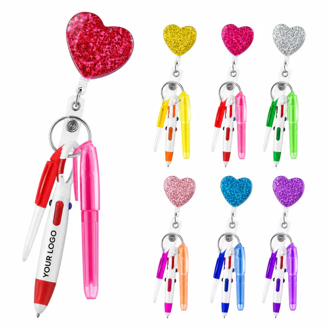 Glitter Heart Badge Reel With Pen And Highlighter Kit