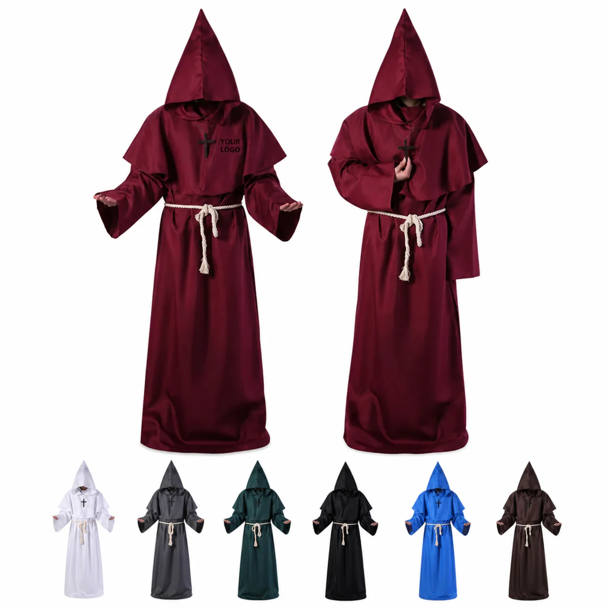 Medieval Hooded Monk Cosplay Robe Polyester Halloween Priest Cloak
