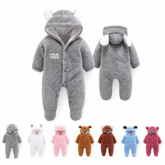 Newborn Baby Fleece Hooded Jumpsuit Bear Ear Romper