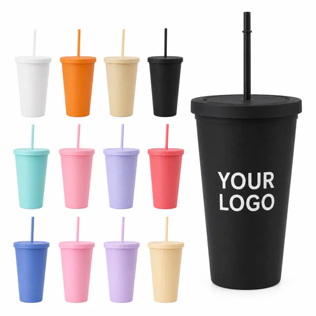 16 Oz Matte Double Wall Plastic Straw Cup With Lid