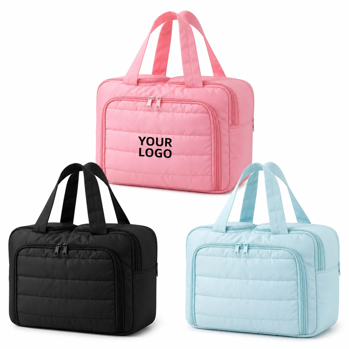 Quilted Nylon Travel Cosmetic Bag With Top Handle