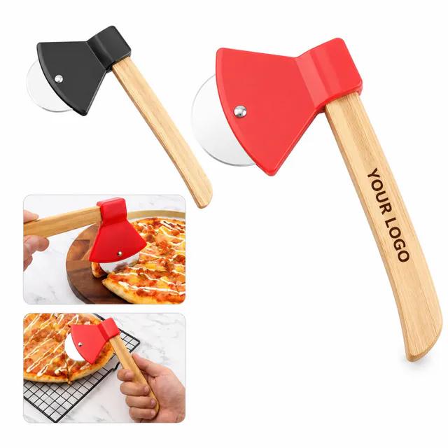 Axe-Shaped Pizza Cutter With Bamboo Handle And Stainless Steel Blade