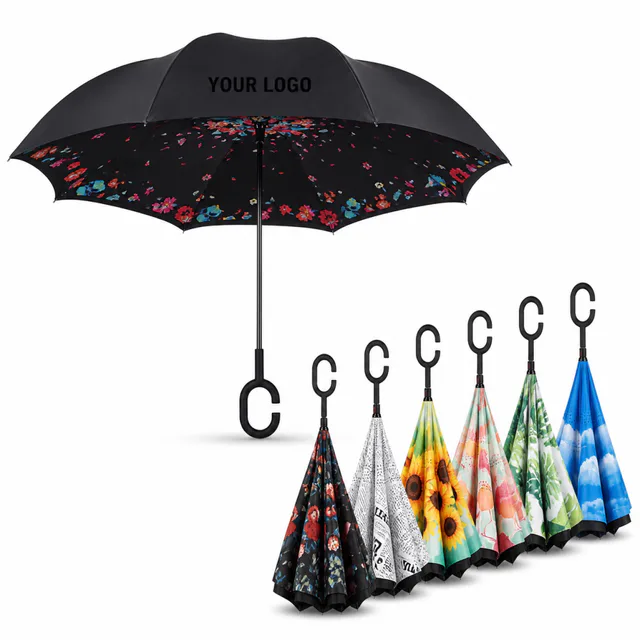 Double Layer Pongee Inverted Umbrella C-Shaped Handle