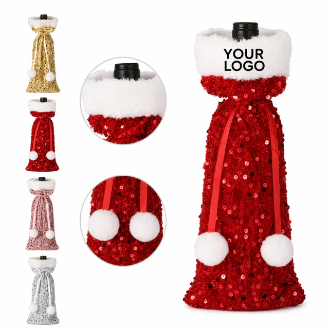 Festive Plush Wine Bottle Sleeve With Faux Fur Trim