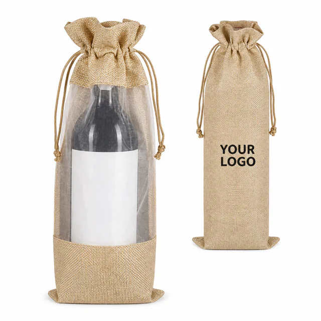 Burlap Polyester Wine Bottle Gift Bag 750ml Drawstring