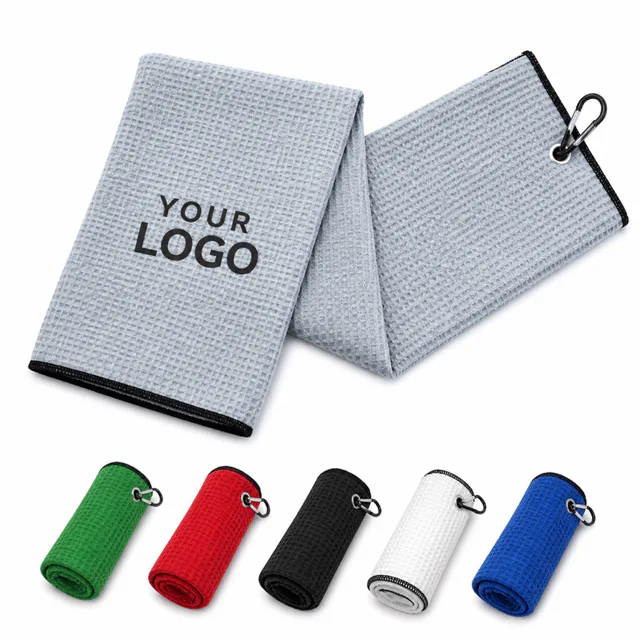 Tri-Fold Microfiber Waffle Golf Towel With Carabiner Clip