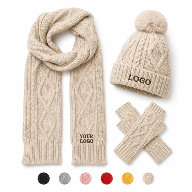 3Pc Knit Hat Scarf Gloves Winter Set