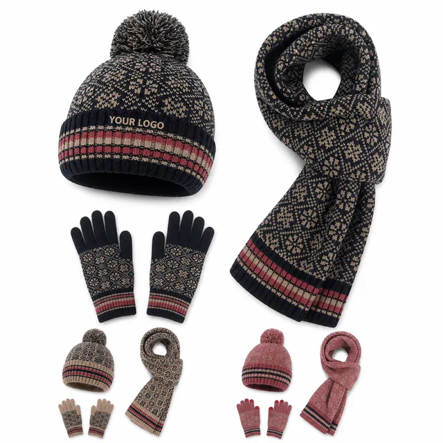 Winter Fleece Beanie Gloves Scarf Set