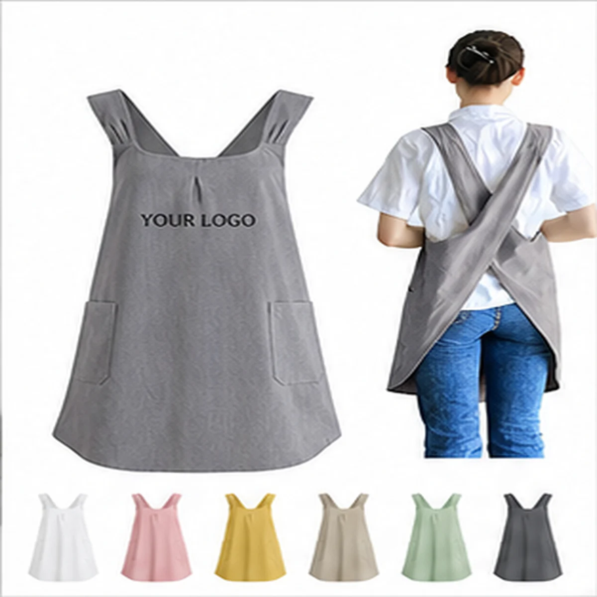 Linen Cotton Cross-Back Apron Dual Pockets