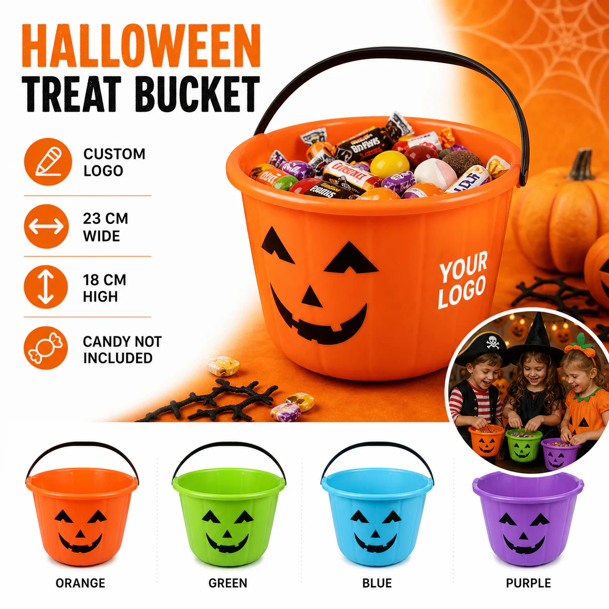 Custom Plastic Halloween Trick Or Treat Bucket With Handle
