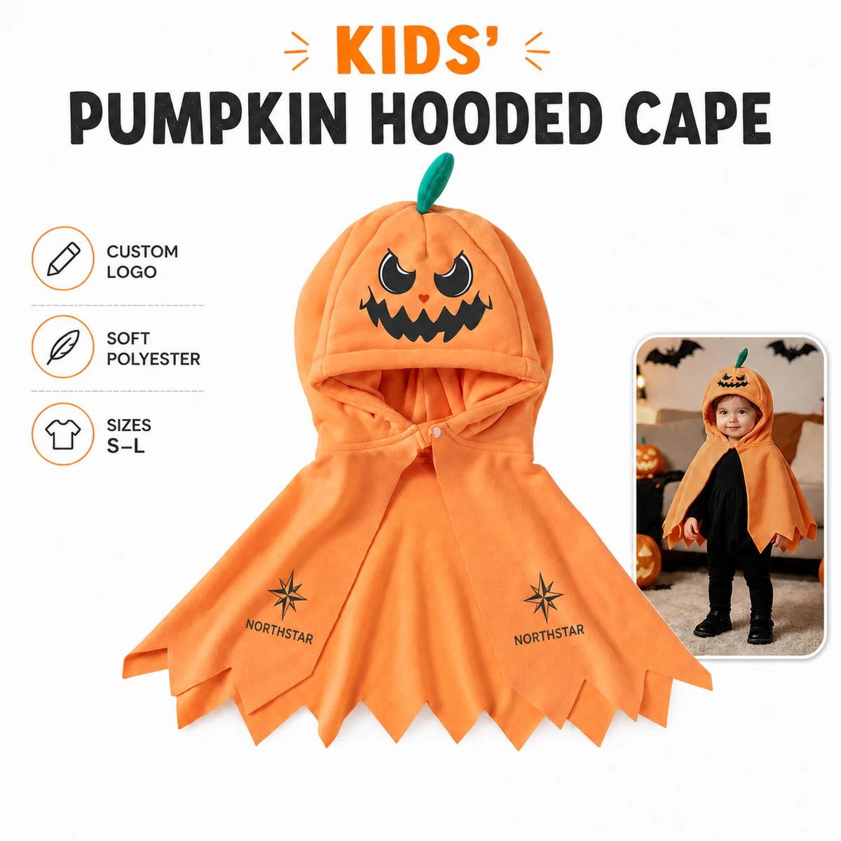 Custom Logo Kids Pumpkin Hooded Halloween Cape